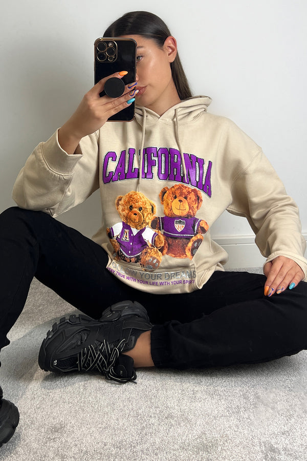 Whitney Beige Teddy Graphic Print Oversized Hoodie