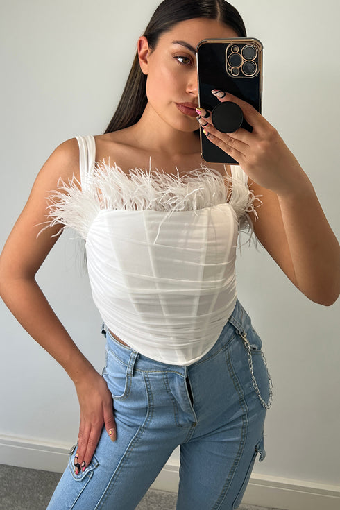 Melody White Feather Trim Ruched Mesh Corset Top