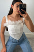 Melody White Feather Trim Ruched Mesh Corset Top