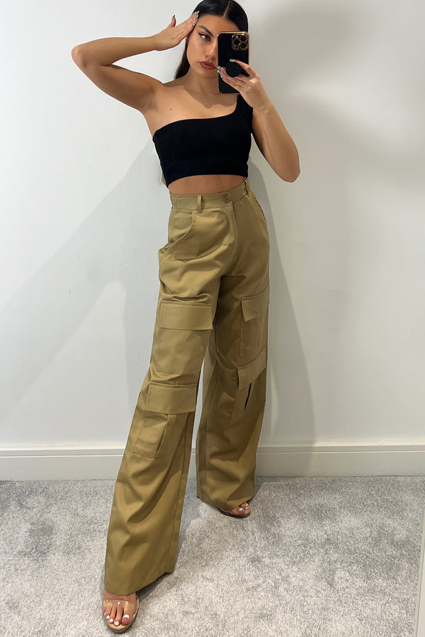Larnie Beige Double Pocket Wide Leg Cargo Trousers