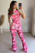 Larissa Neon Pink Tie Dye Textured High Neck Crop Top and Flared Trouser Co-Ord Set