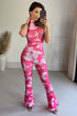 Larissa Neon Pink Tie Dye Textured High Neck Crop Top and Flared Trouser Co-Ord Set
