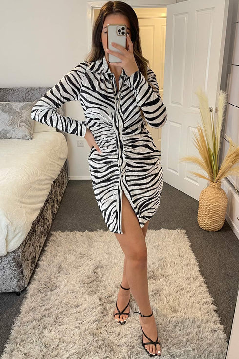 Laylah Black and White Zebra Print Button Front Ruched Velvet Bodycon Dress