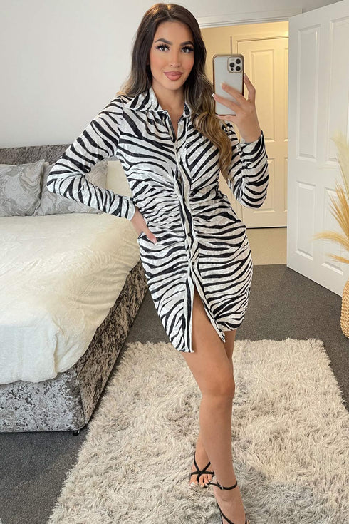 Laylah Black and White Zebra Print Button Front Ruched Velvet Bodycon Dress