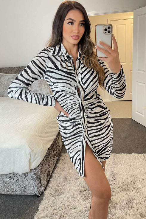 Laylah Black and White Zebra Print Button Front Ruched Velvet Bodycon Dress