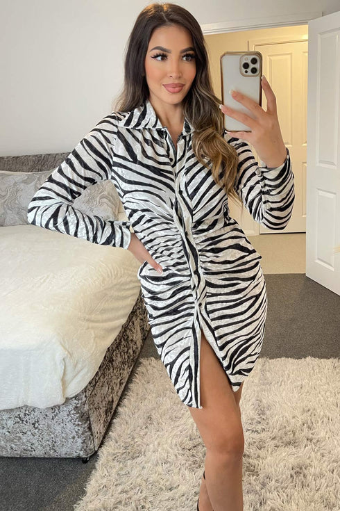 Laylah Black and White Zebra Print Button Front Ruched Velvet Bodycon Dress