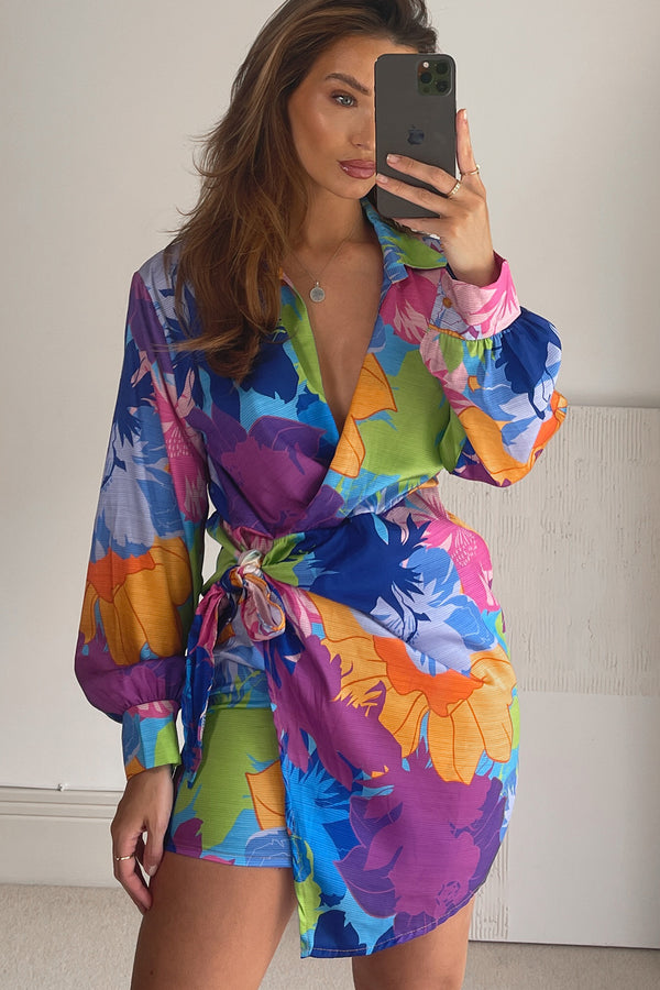 Kaitlyn Blue Multi Floral Print Satin Wrap Dress