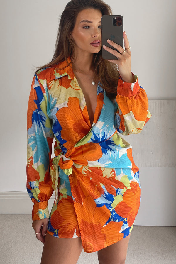 Kaitlyn Orange Multi Floral Print Satin Wrap Dress