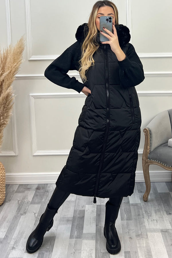 Scarlett Black Faux Fur Trim Hooded Padded Longline Gilet