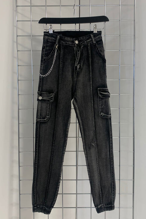 Thea Grey Denim Chain Detail Skinny Cargo Trousers