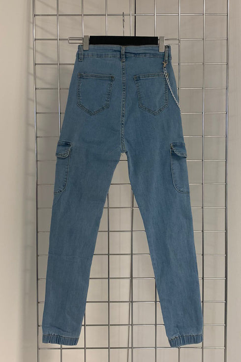 Thea Blue Denim Chain Detail Skinny Cargo Trousers