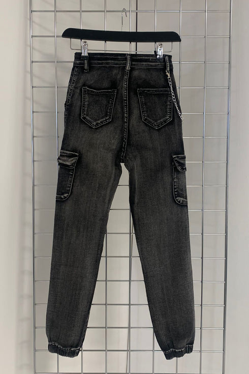 Thea Grey Denim Chain Detail Skinny Cargo Trousers