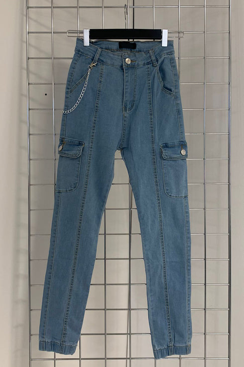 Thea Blue Denim Chain Detail Skinny Cargo Trousers
