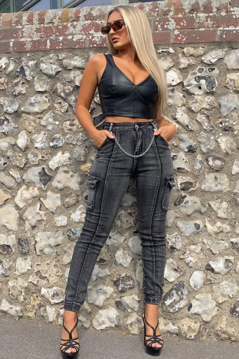 Thea Grey Denim Chain Detail Skinny Cargo Trousers