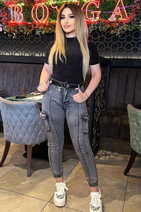 Thea Grey Denim Chain Detail Skinny Cargo Trousers