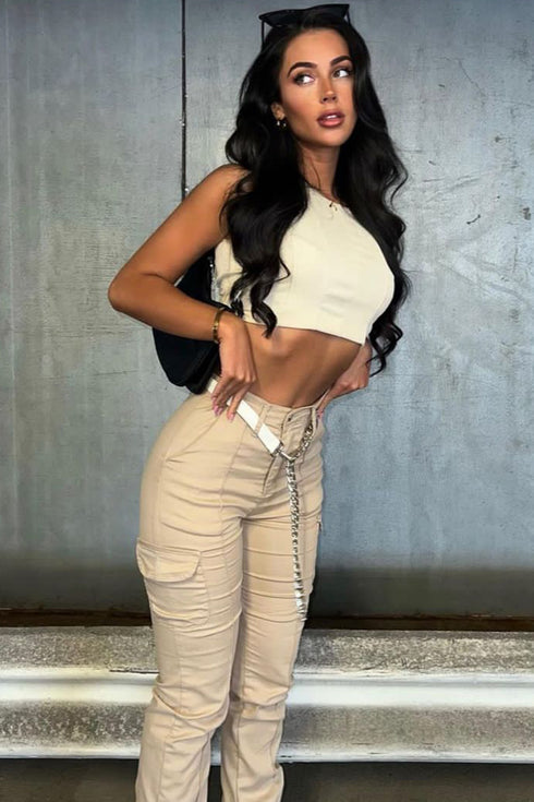 Ruby Beige Chain Detail Skinny Cargo Trousers