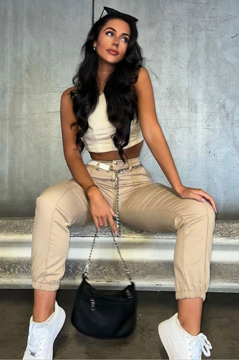 Ruby Beige Chain Detail Skinny Cargo Trousers