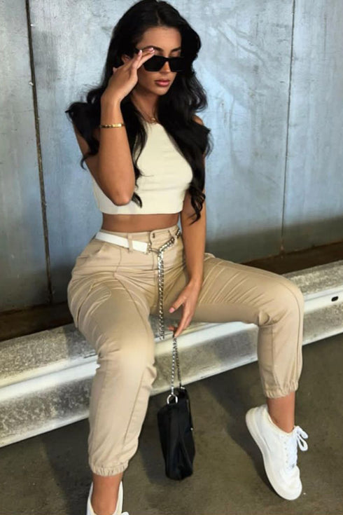 Ruby Beige Chain Detail Skinny Cargo Trousers