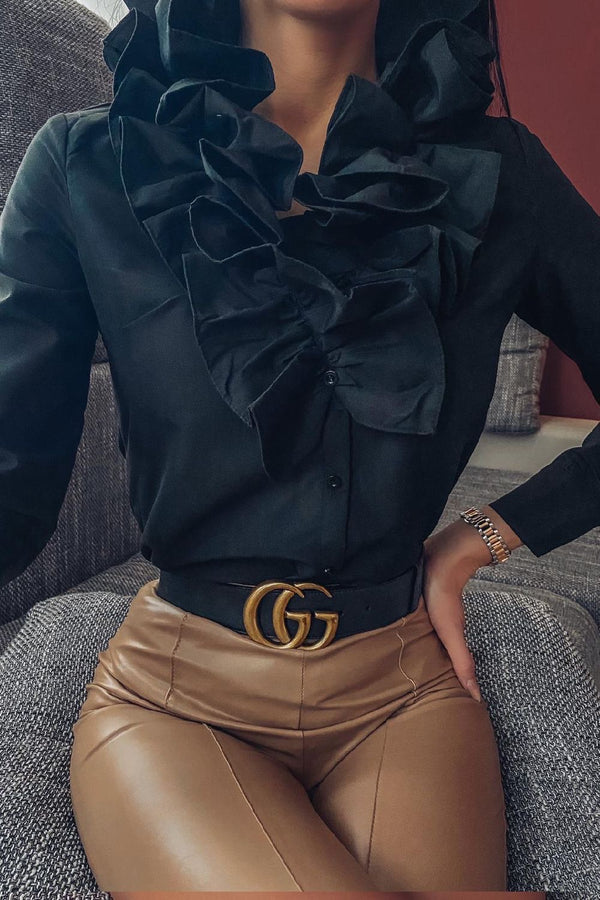 Black Ruffle Frill Neck Shirt