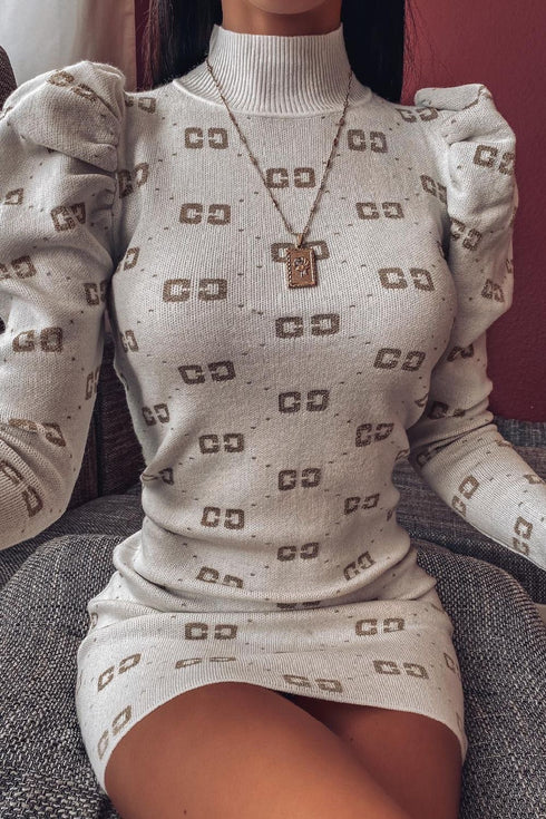 White Knit CC Print Dress