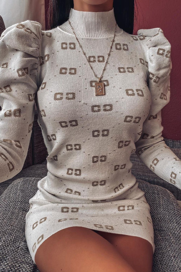 White Knit CC Print Dress