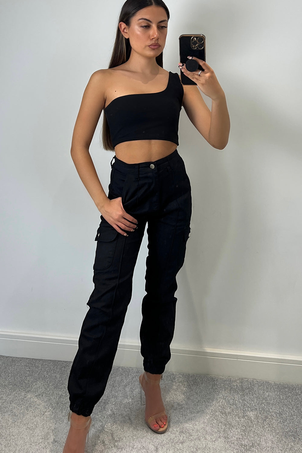 Taliah One-Shoulder Crop Top Black
