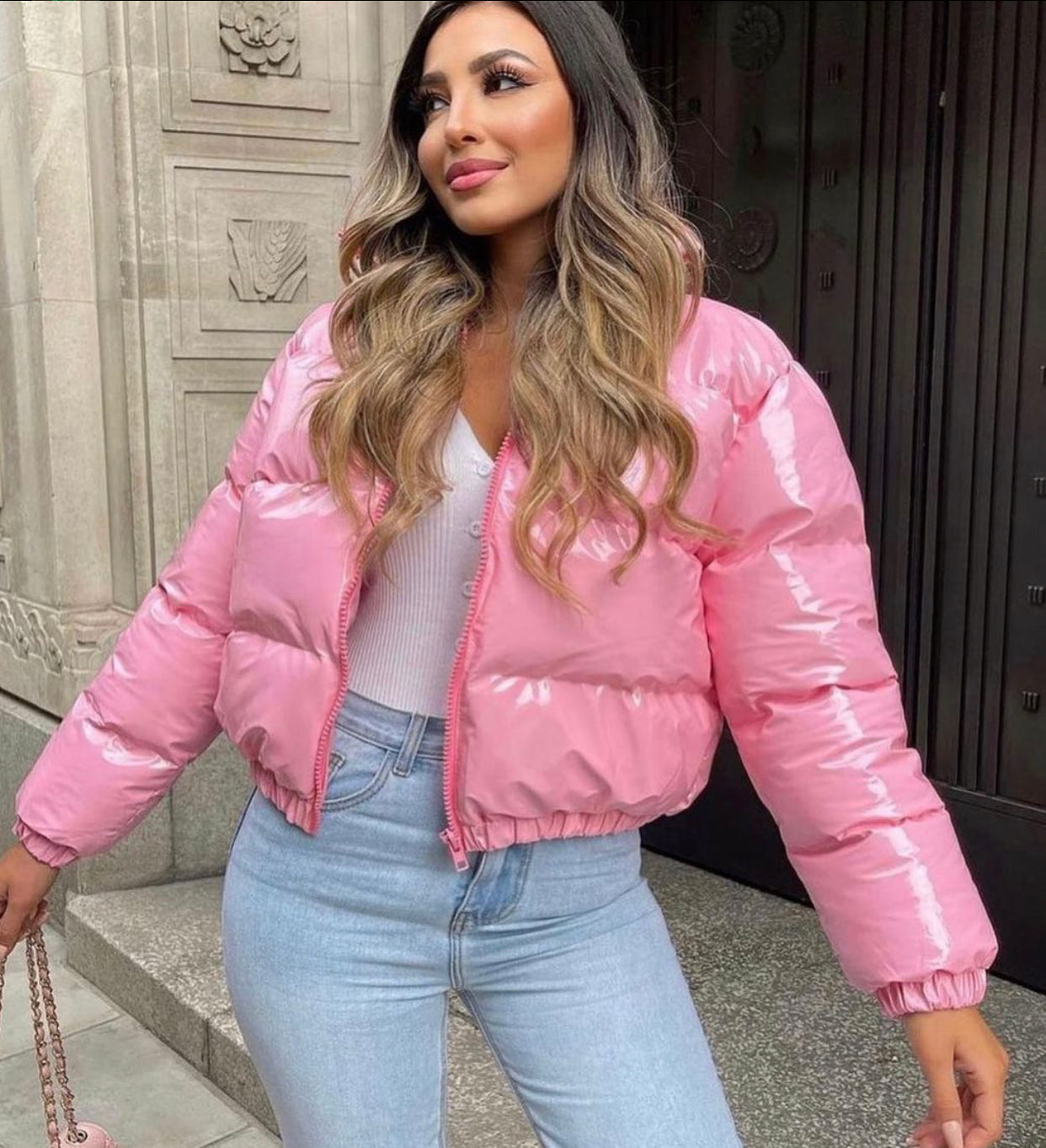 Iris Pink Vinyl Cropped Puffer Jacket